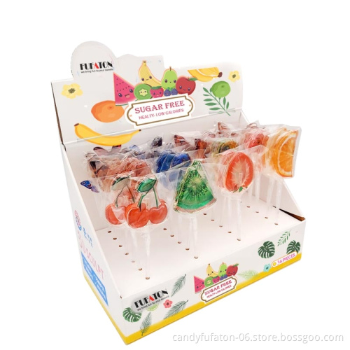 Healthy fruit flavor and shaped low calories sugar free lollipop candy
